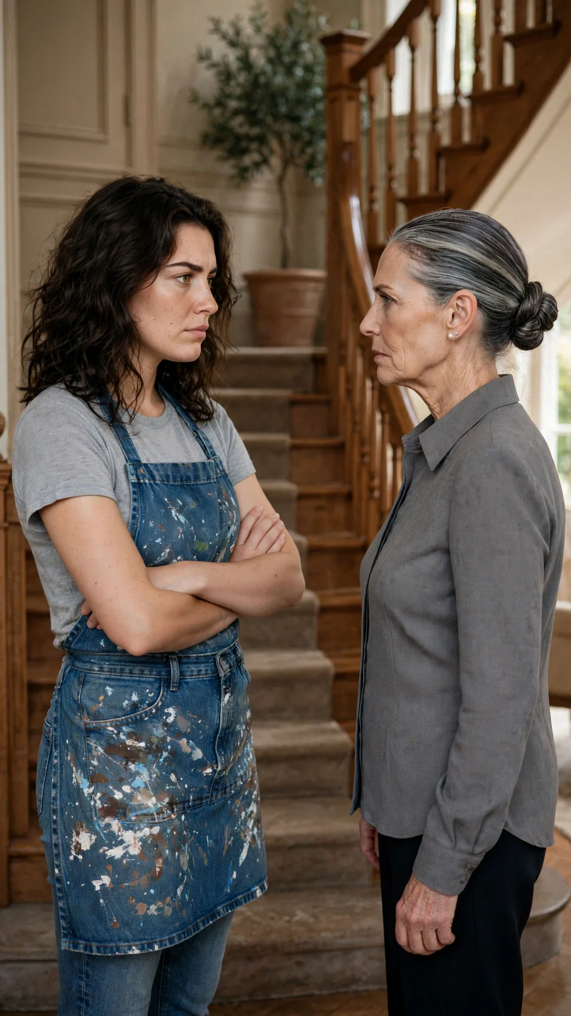 Faye folds her arms at the stairs while her mother answers flatly.