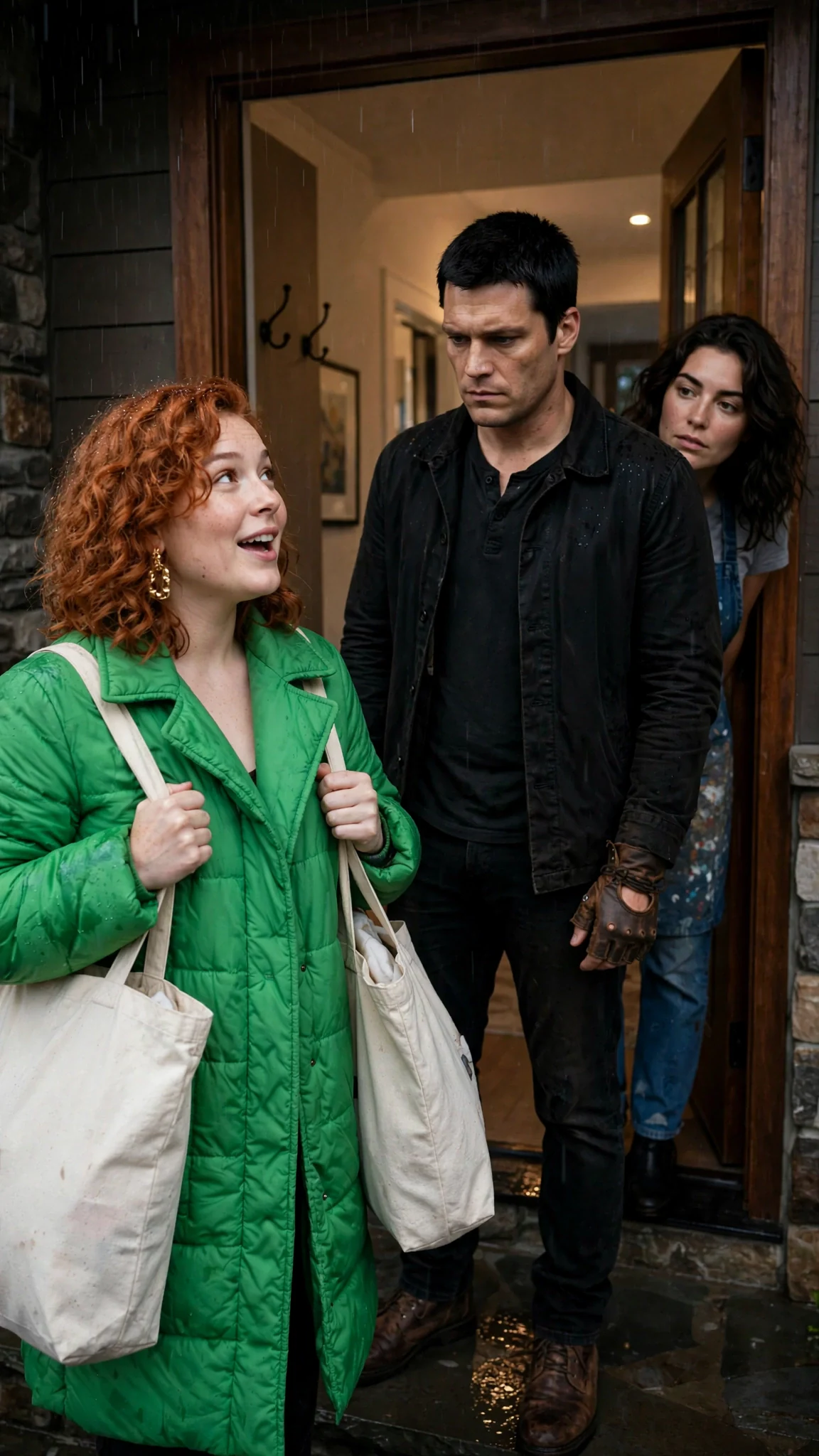 Marcy appears at the door with two bags, facing the stranger.