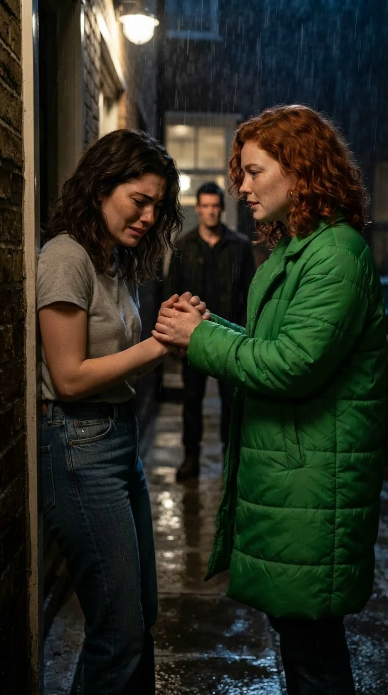 Marcy grips Faye's hand on the doorstep in the rain.