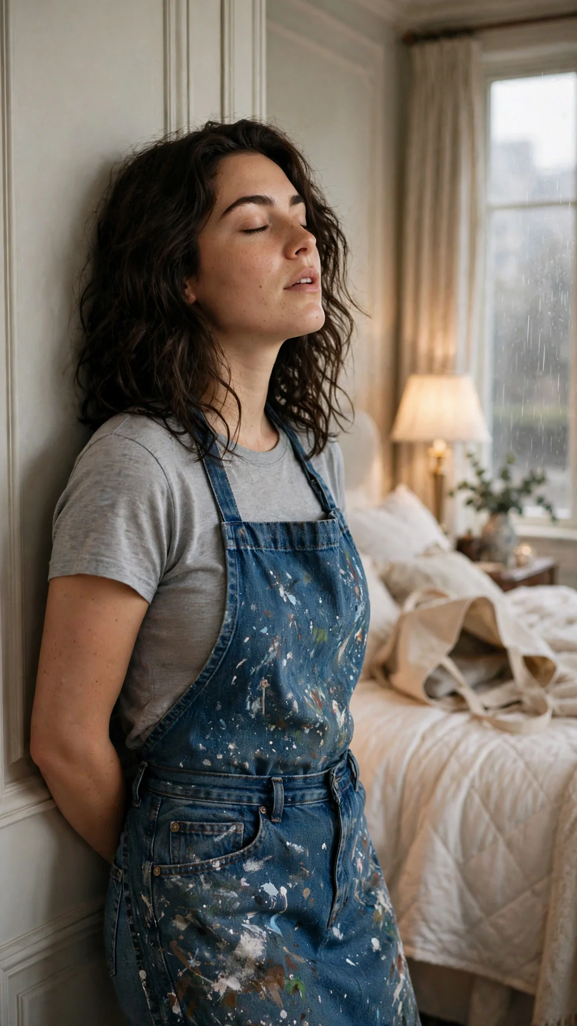 Faye stands alone in a big guest room, back against the door.