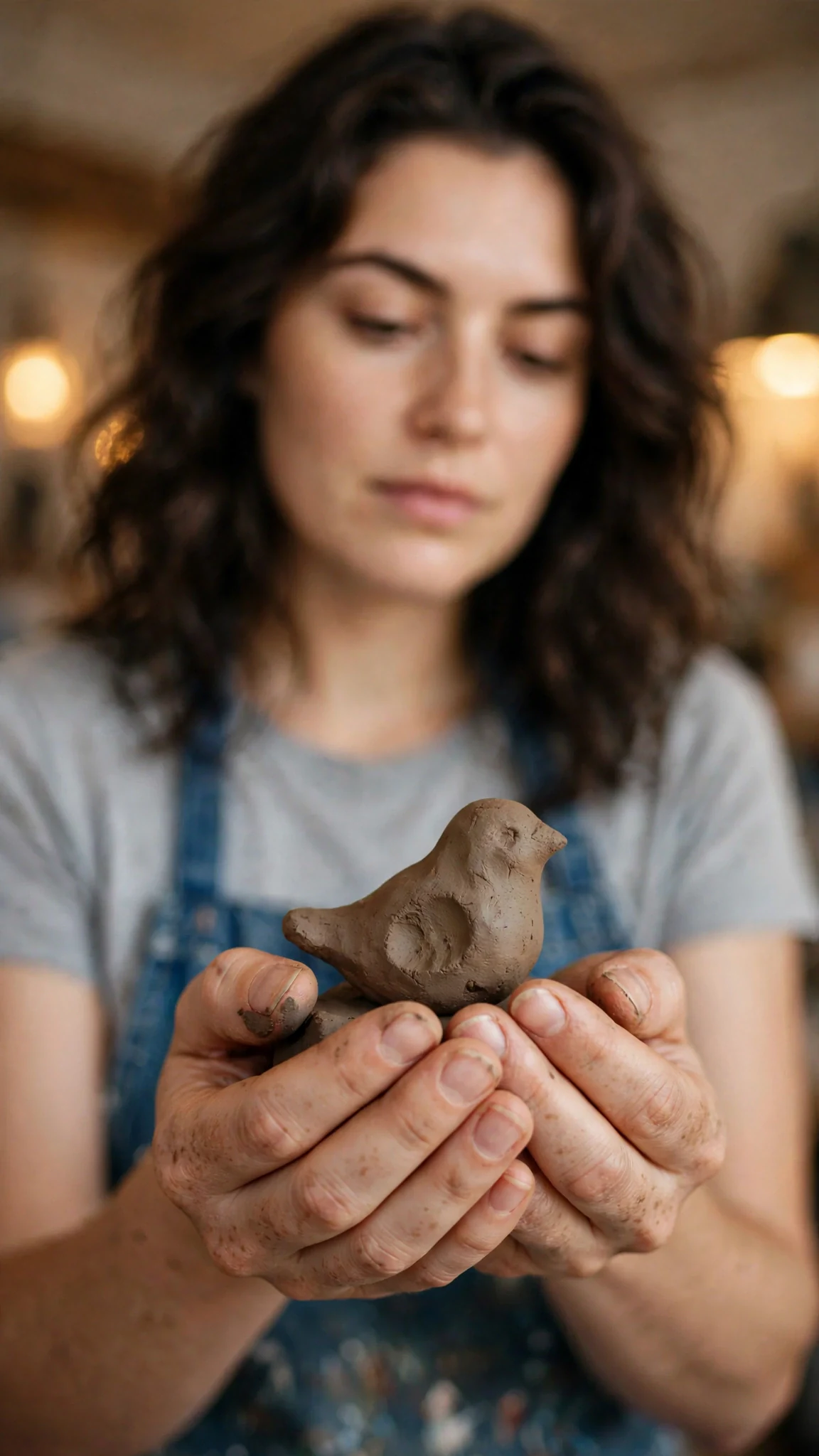A small rough clay bird rests in Faye's open palm.