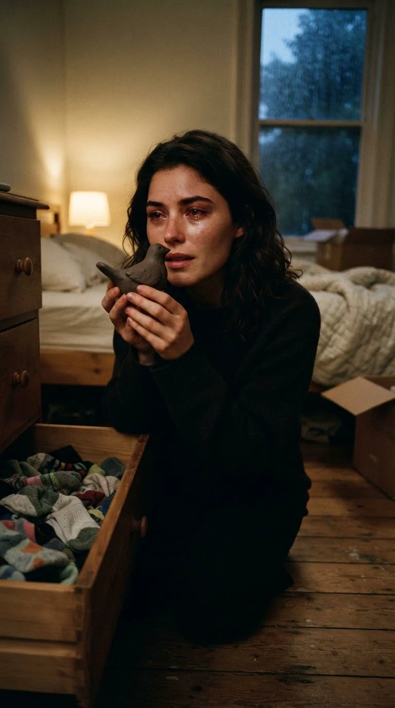 Faye crouches by the open drawer and whispers to the clay bird.