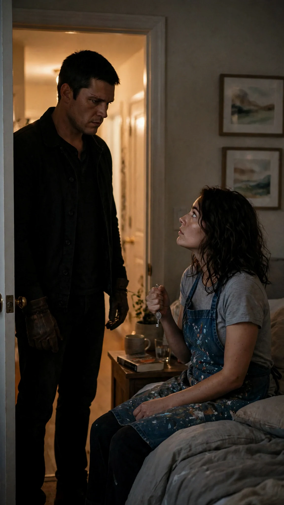 Gideon stands in the open doorway with the hall light behind him.