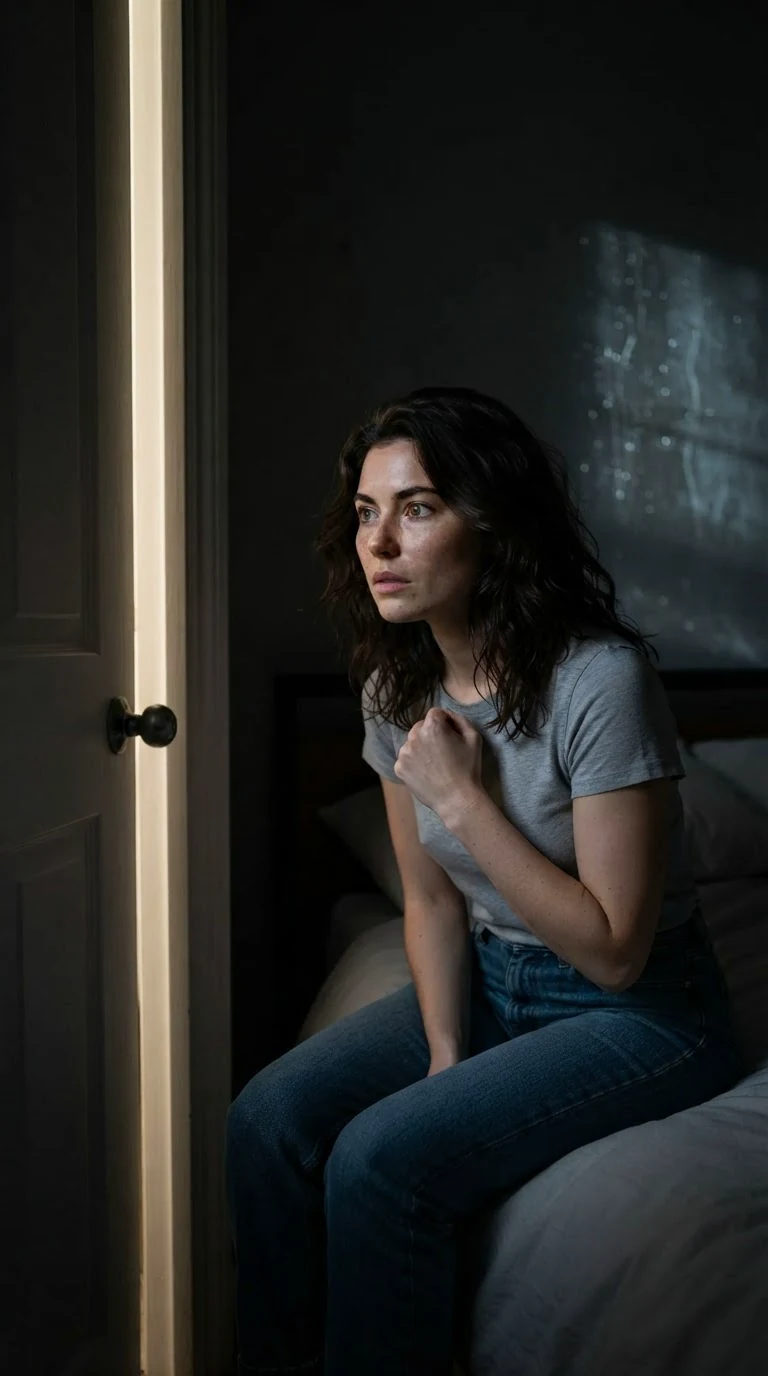 Faye sits on the bed in the dark, fist closed, staring at the door gap.