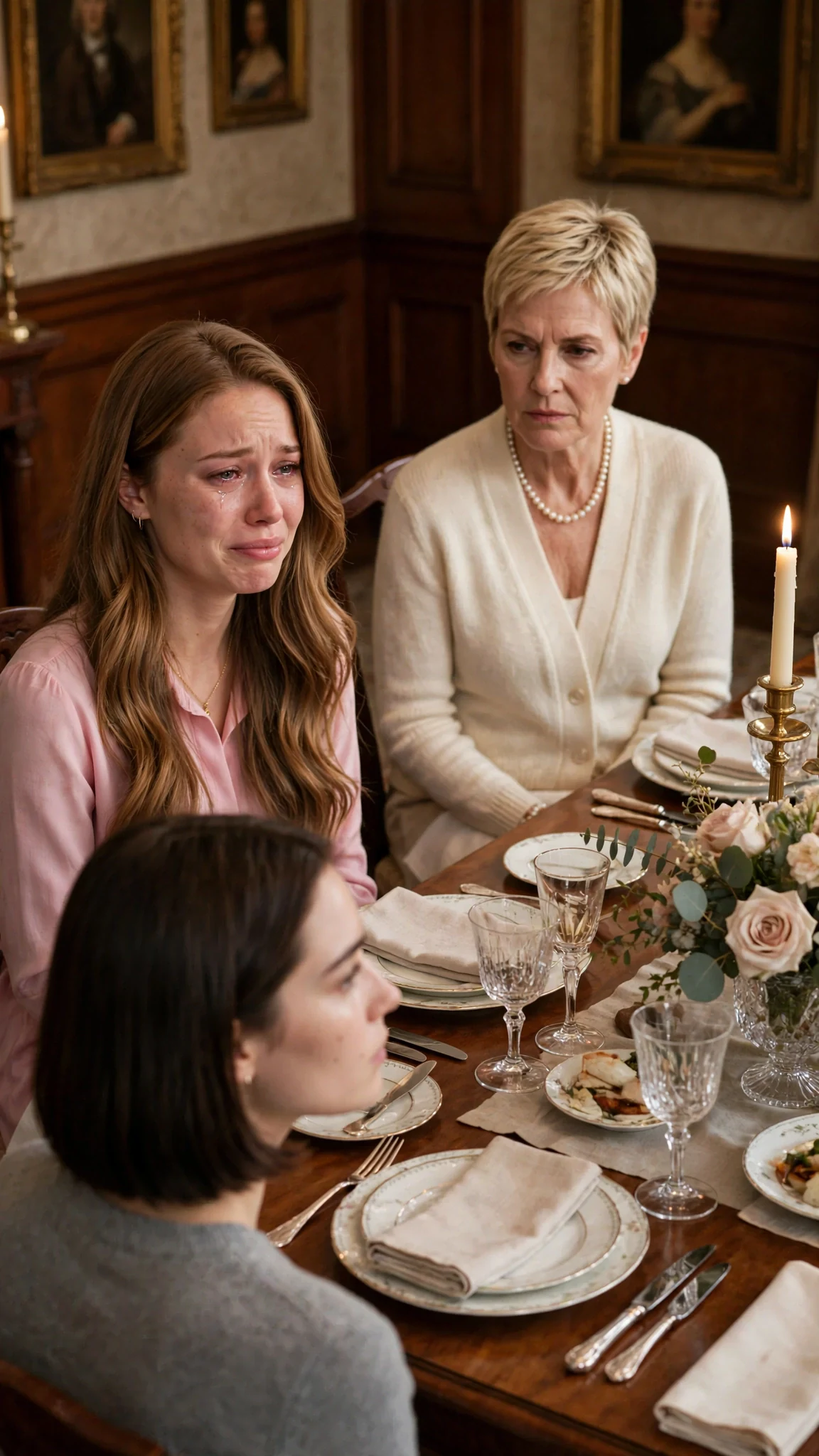 A young woman at a dinner table stares at her crying stepsister.