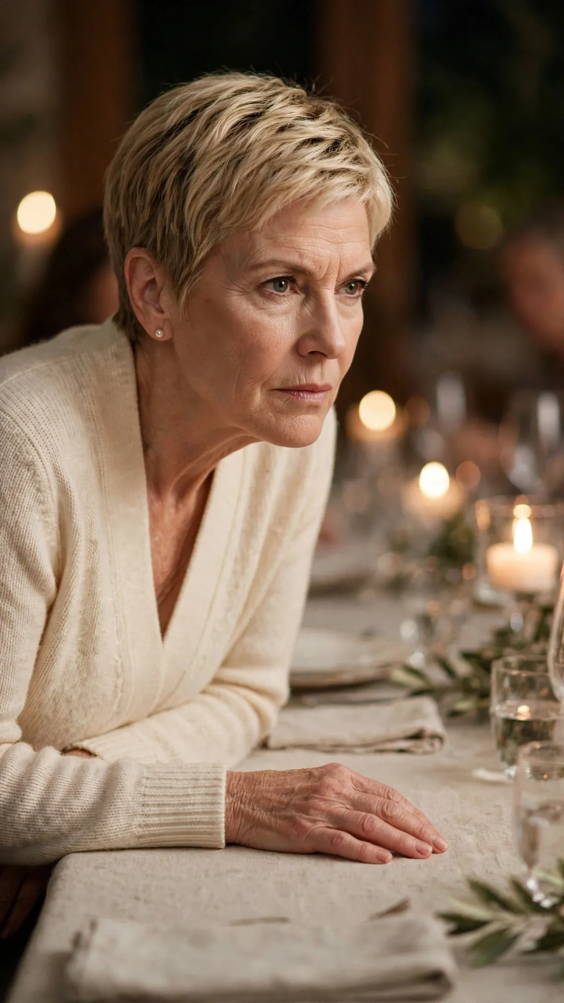 A blonde woman in pearls speaks with a thin, frozen smile.