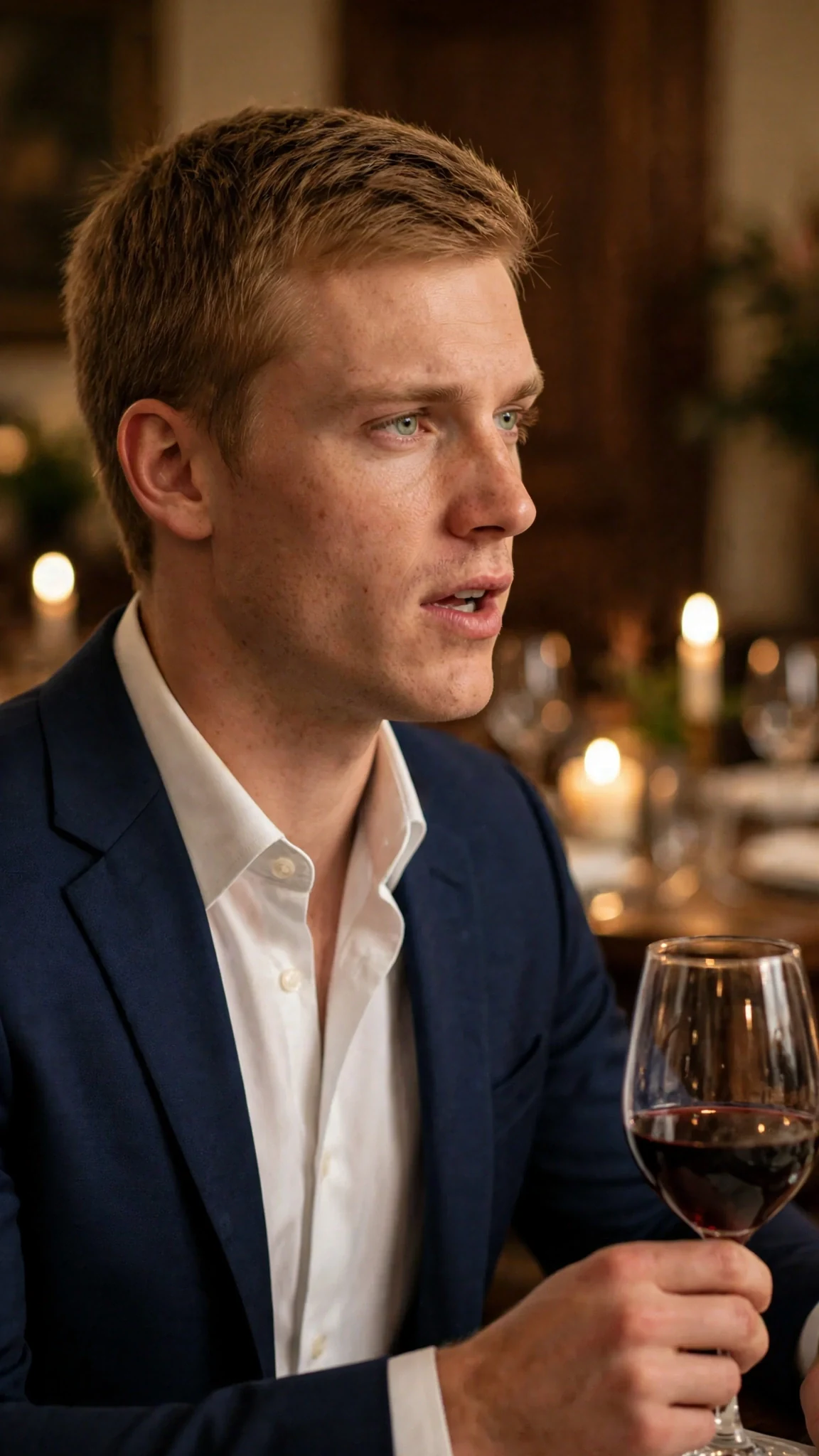 A tall man in a navy suit looks away while he accuses her.