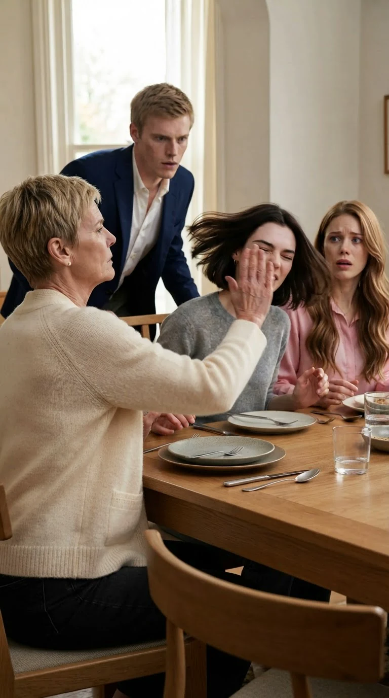 A woman's palm cracks across the heroine's cheek.