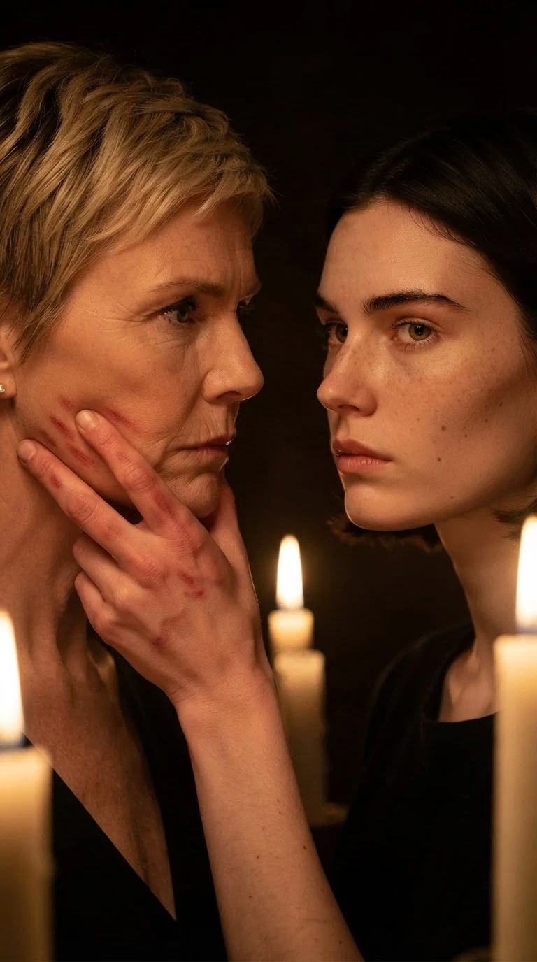 Fingers dig into the heroine's jaw, leaving red marks.