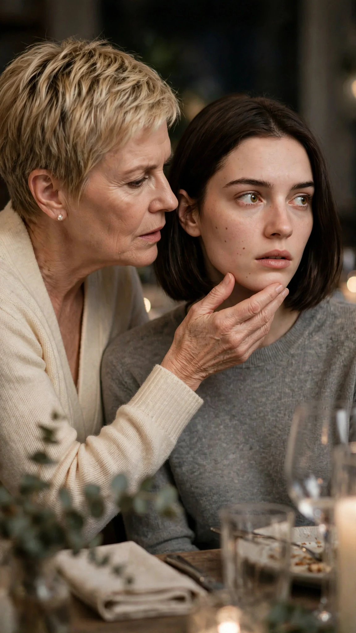 The blonde woman makes a quiet threat about an old woman's care home.