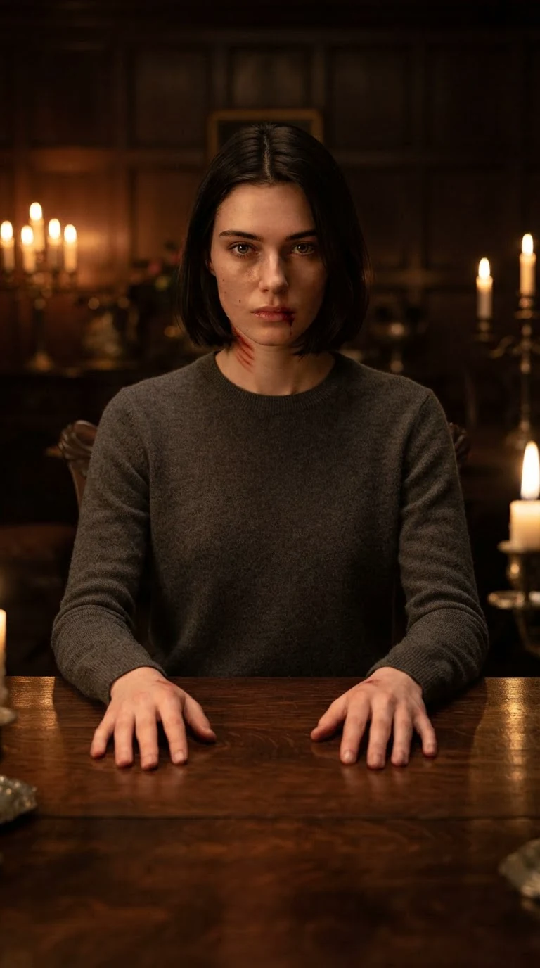 The heroine sits very still, then lifts her chin.