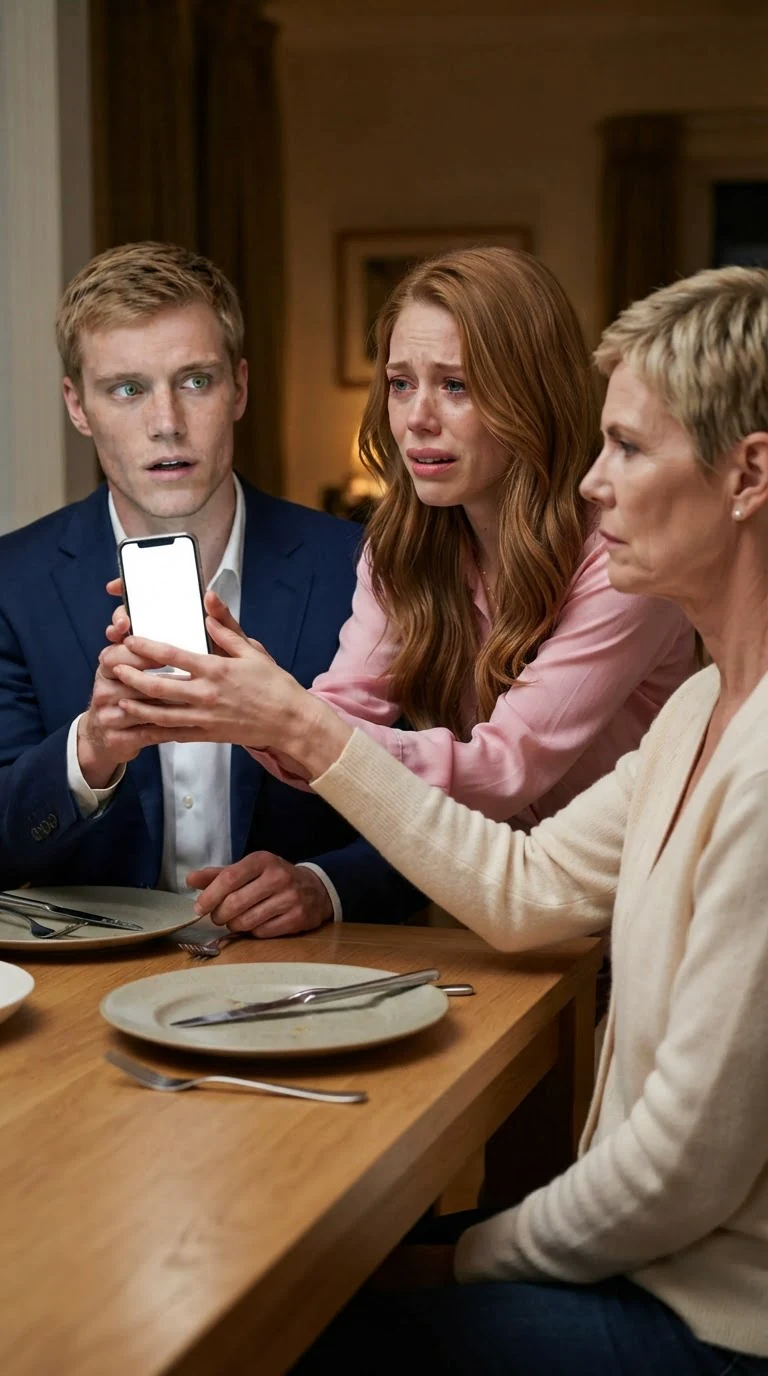 The man in the navy suit stares at the phone screen.