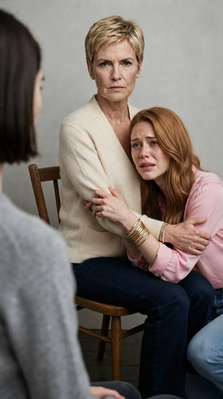 The crying woman turns to her mother for help.