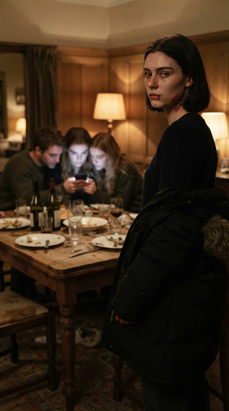 The heroine stands with her coat, blood on her lip, and looks back once.