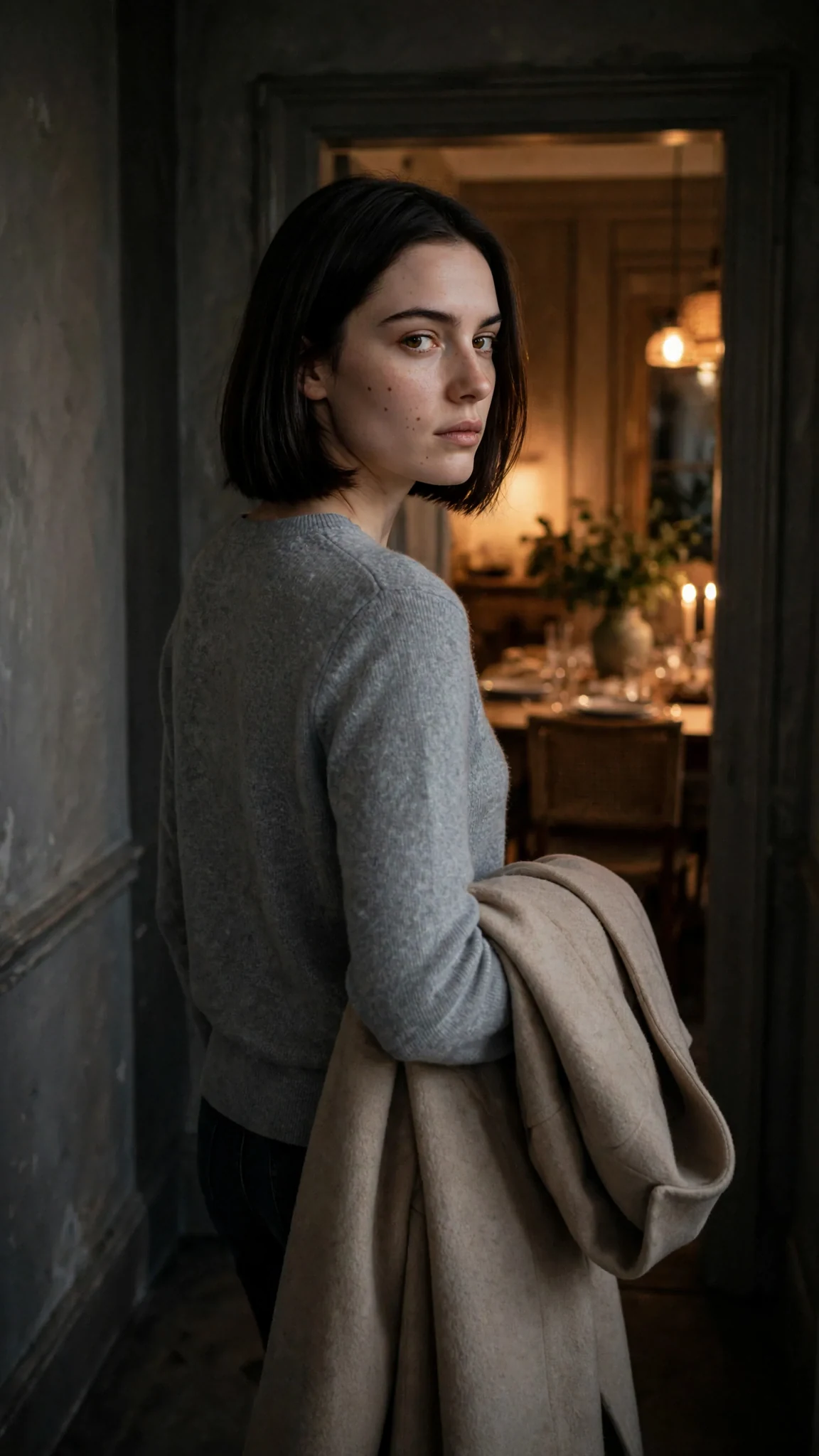 The heroine walks out of a lit dining room into a dark hallway.