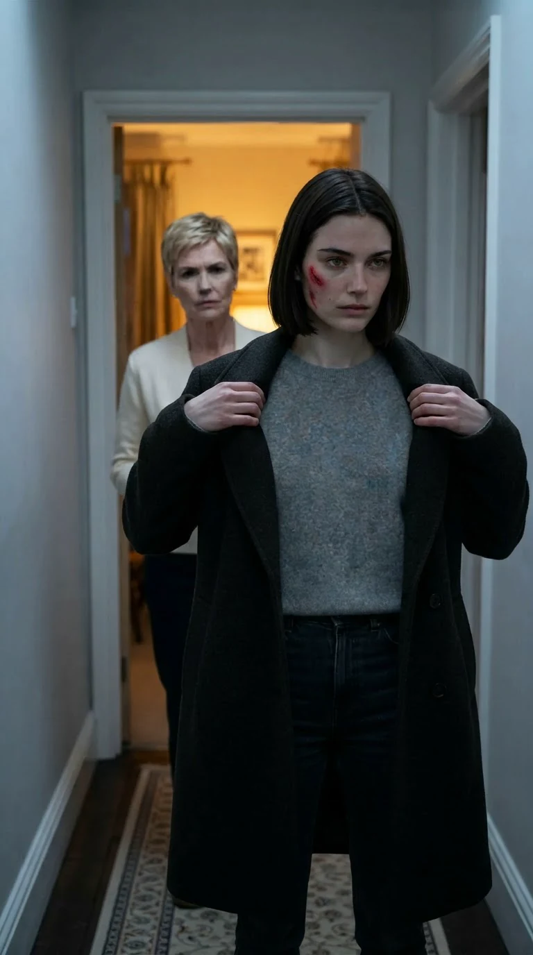Odette in a hallway pulling on a coat, cheek reddened, Bernice framed in a dining room doorway behind her.