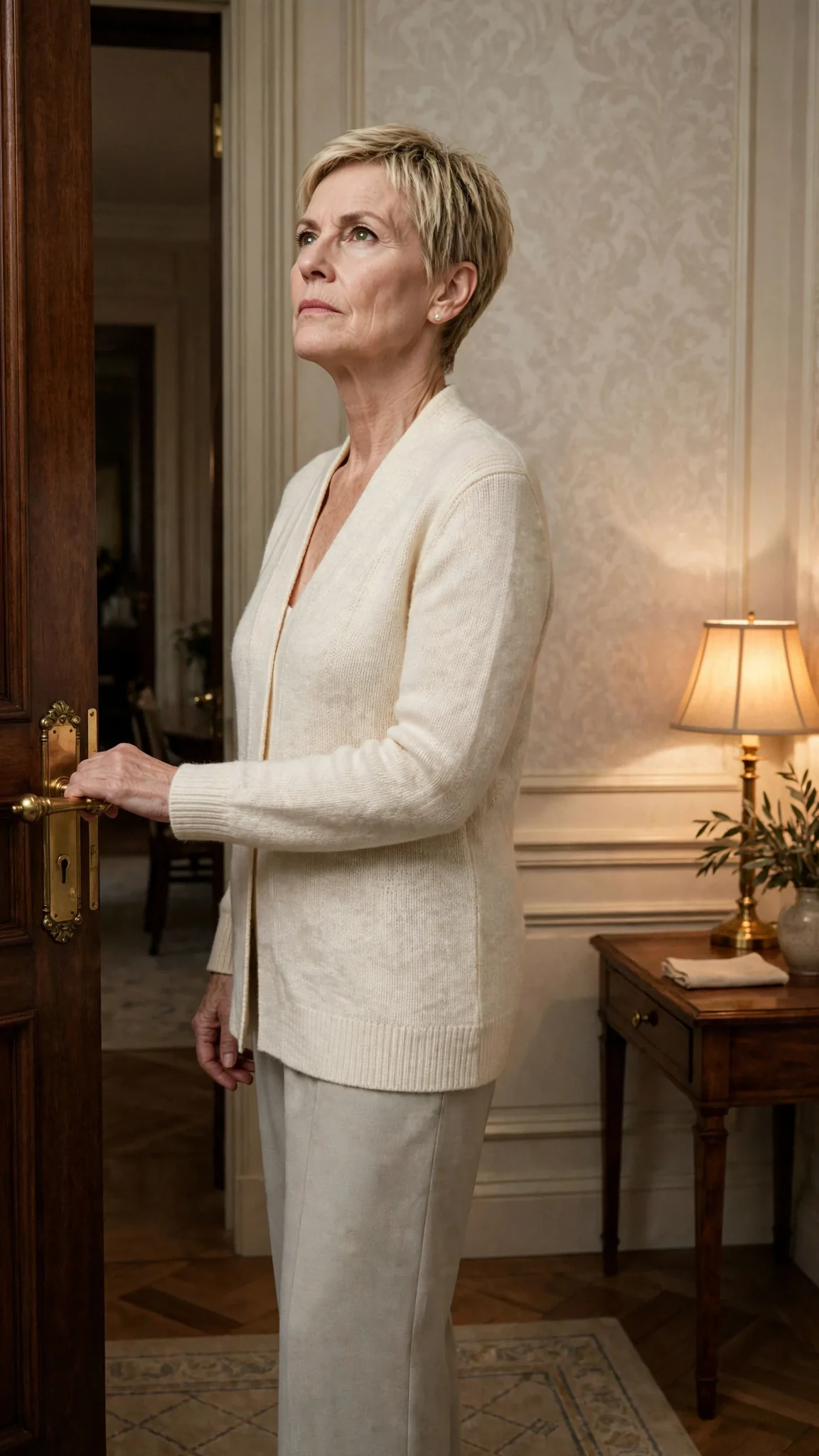 Bernice in the hallway, chin lifted, speaking to Odette's back.