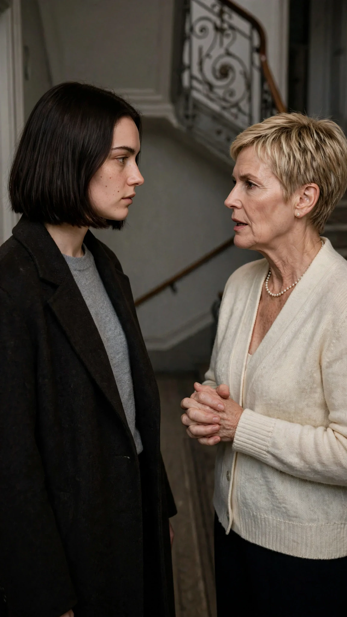 Odette turned halfway, coat half buttoned, facing Bernice.