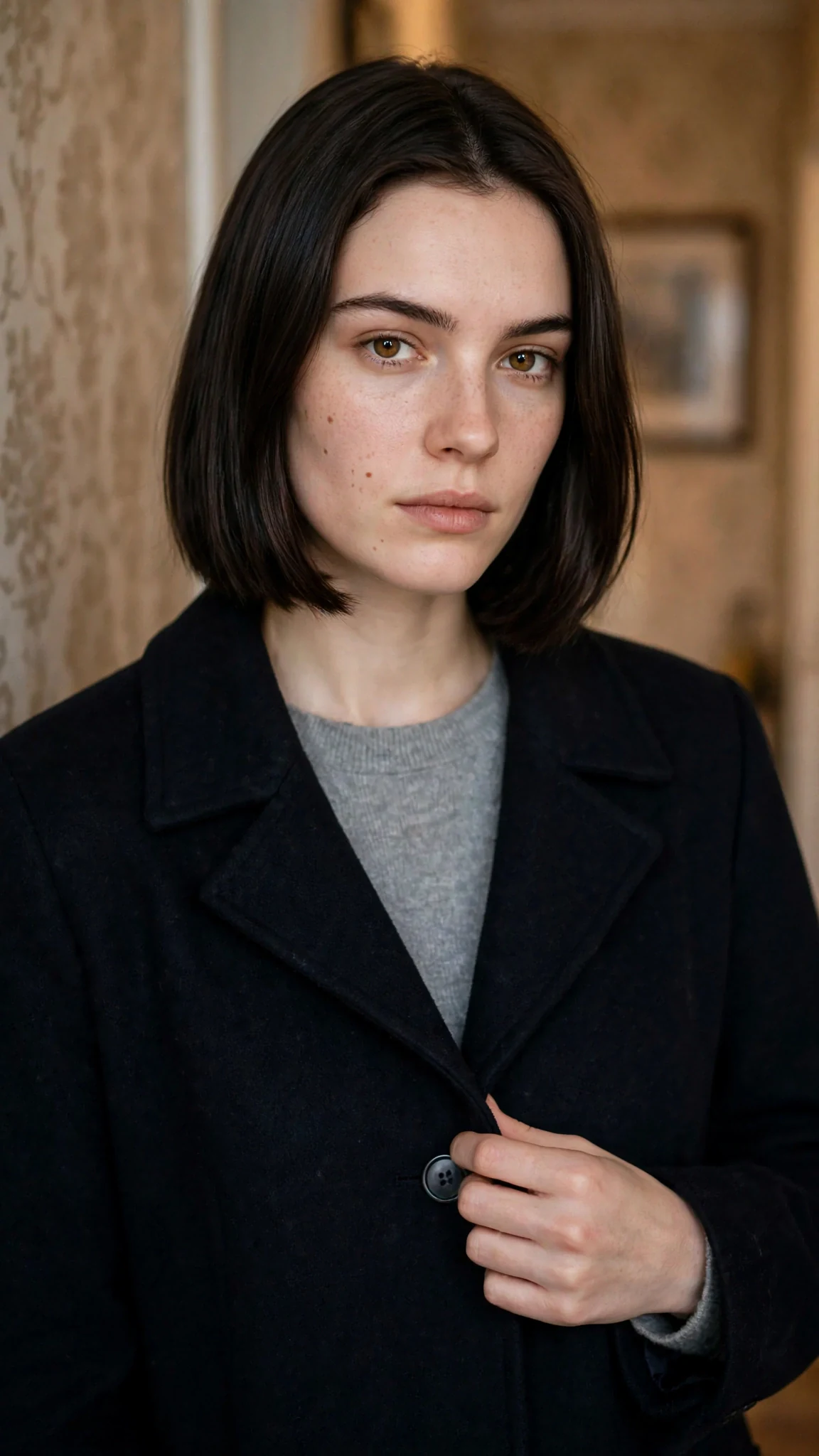 Close view of Odette answering, one hand still on her coat button.