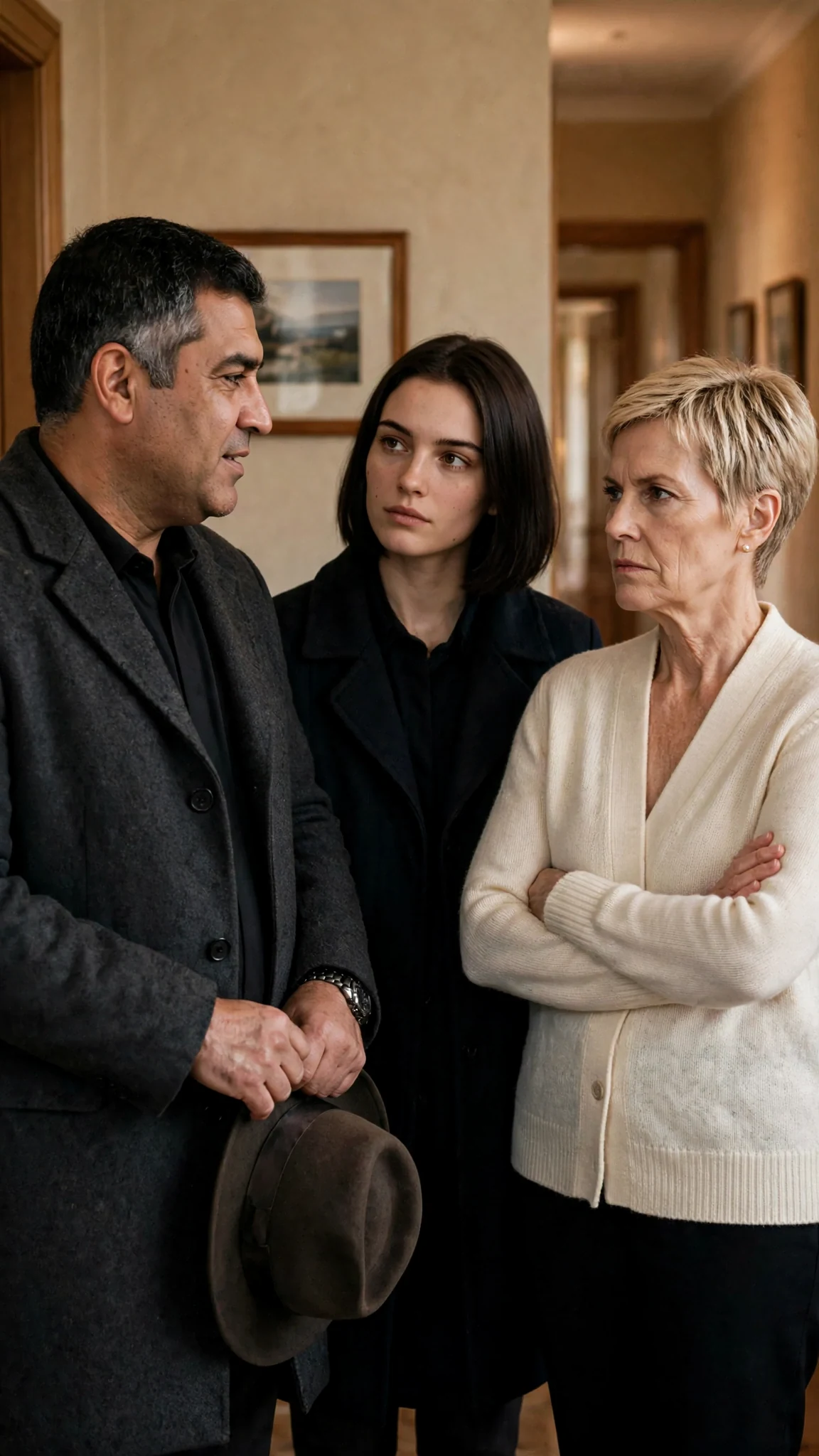 Rowan speaking to Odette directly, Bernice stiff beside them.