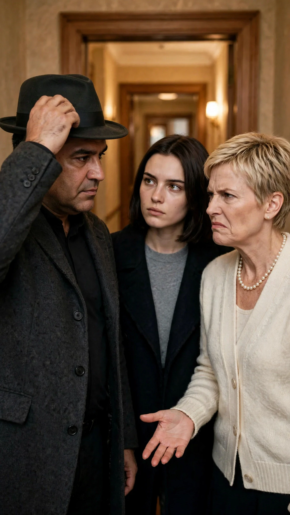 Rowan putting his hat on, unhurried, Bernice furious.