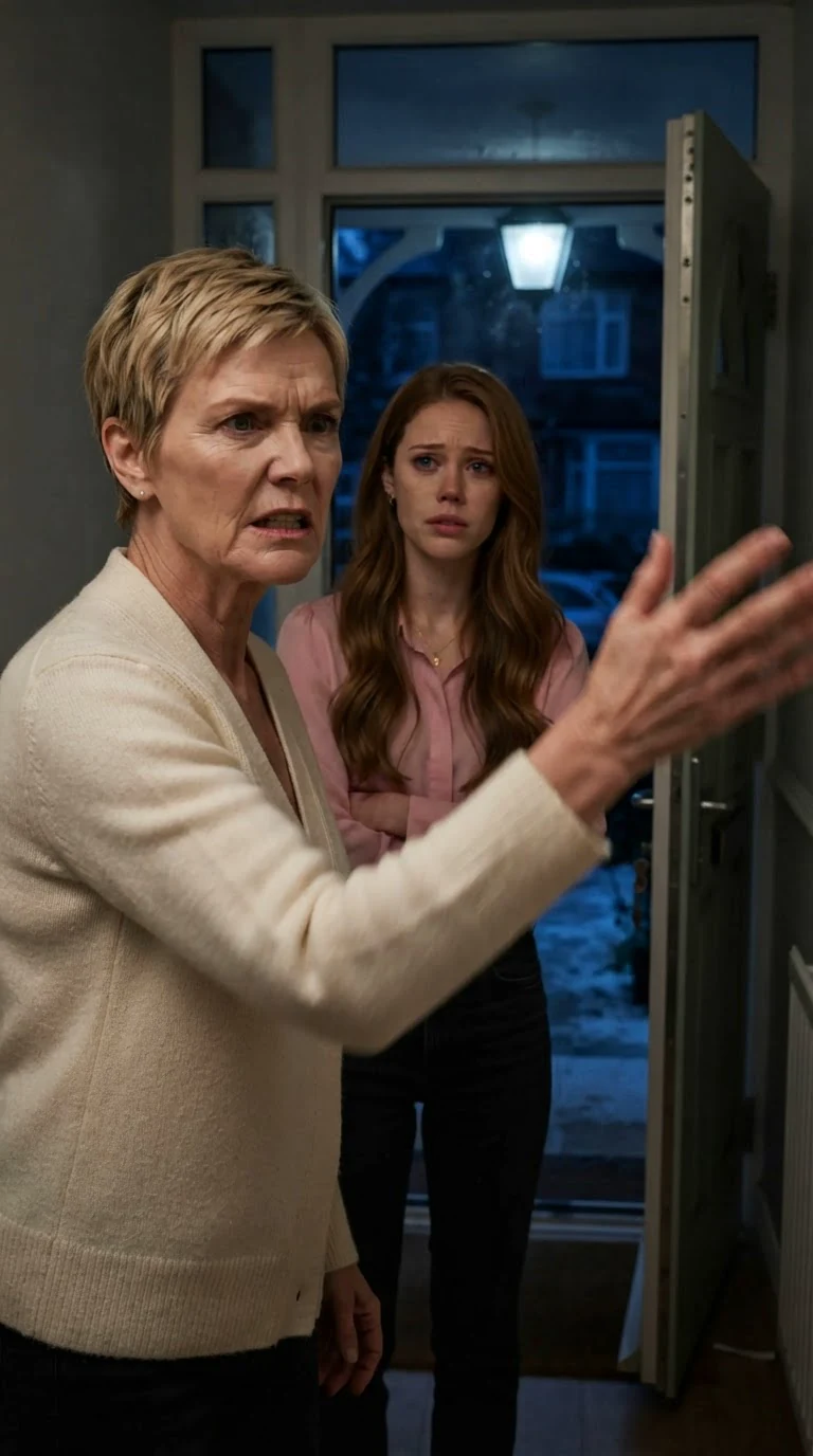 Bernice gesturing angrily at the doorway, Suki behind her.