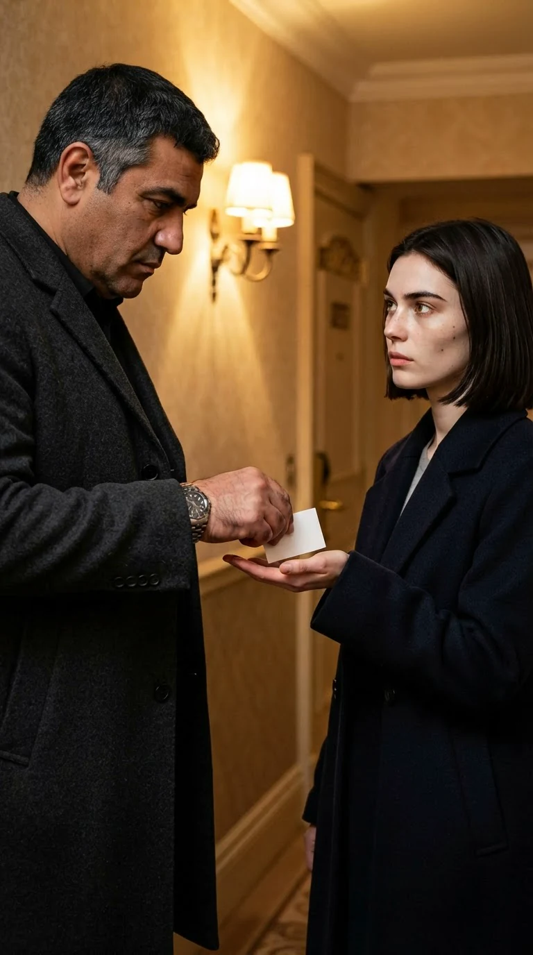 Rowan pressing a card into Odette's hand, warm lamplight.