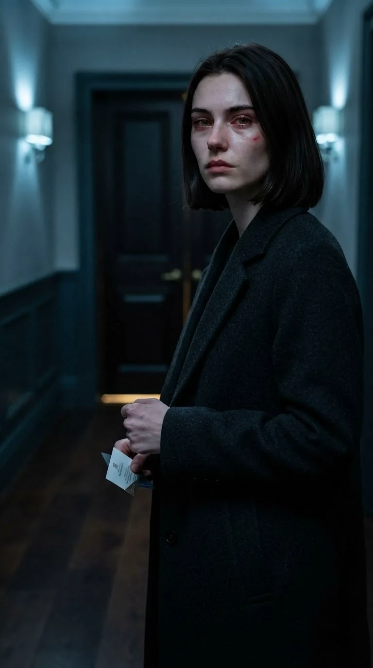 Odette alone in the hallway, fist closed on the card, door shut behind her.