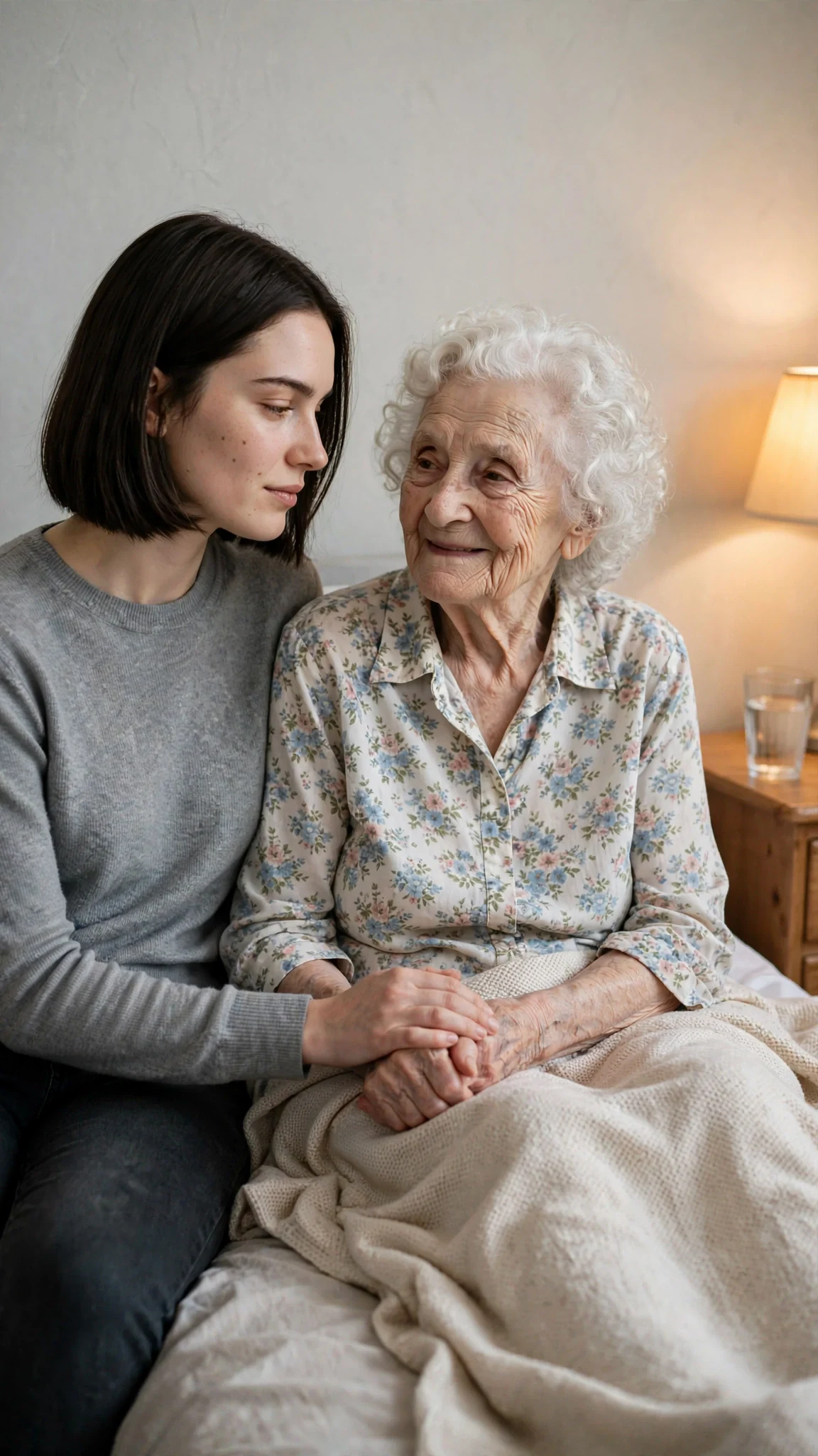 A young woman in a gray sweater sits beside a frail old woman in a flowered blouse, holding her hand in a warm lamplit care-home room.