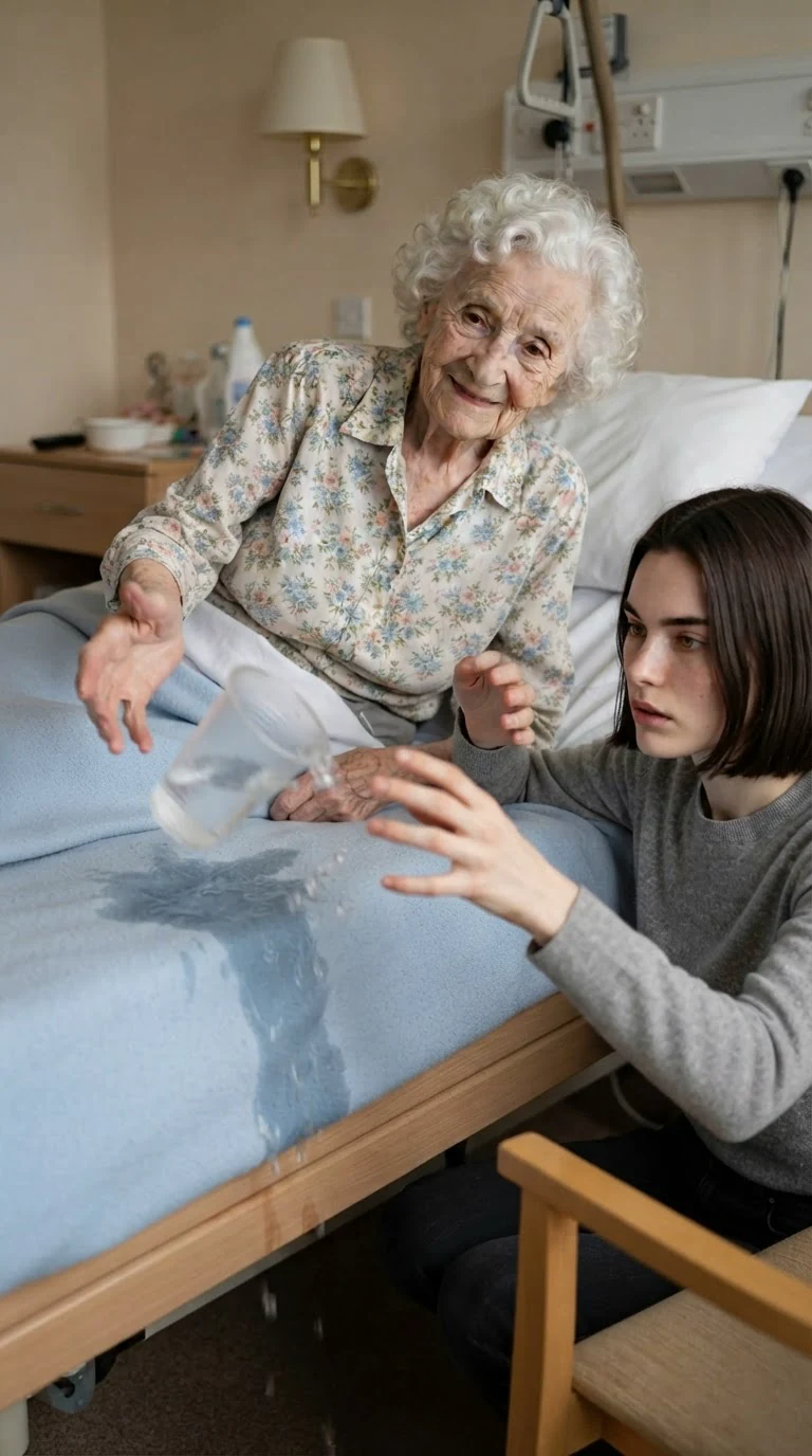 An old woman's hand opens and a cup tips over as she slumps sideways on the bed.