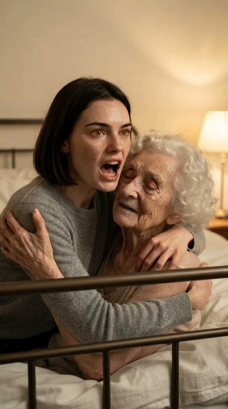 The young woman catches the old woman against the bed rail, shouting for help.