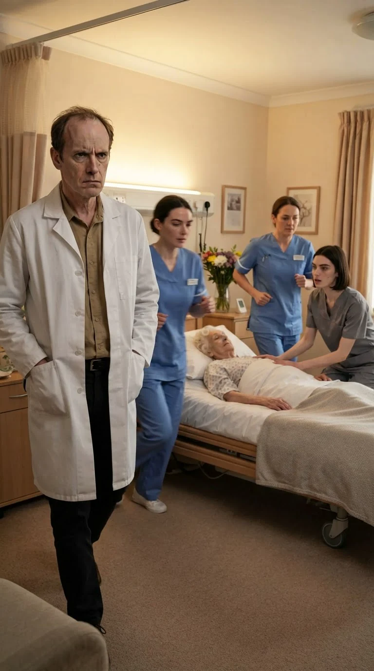 Two nurses in scrubs rush in while a doctor in a white coat walks in slowly with his hands in his pockets.