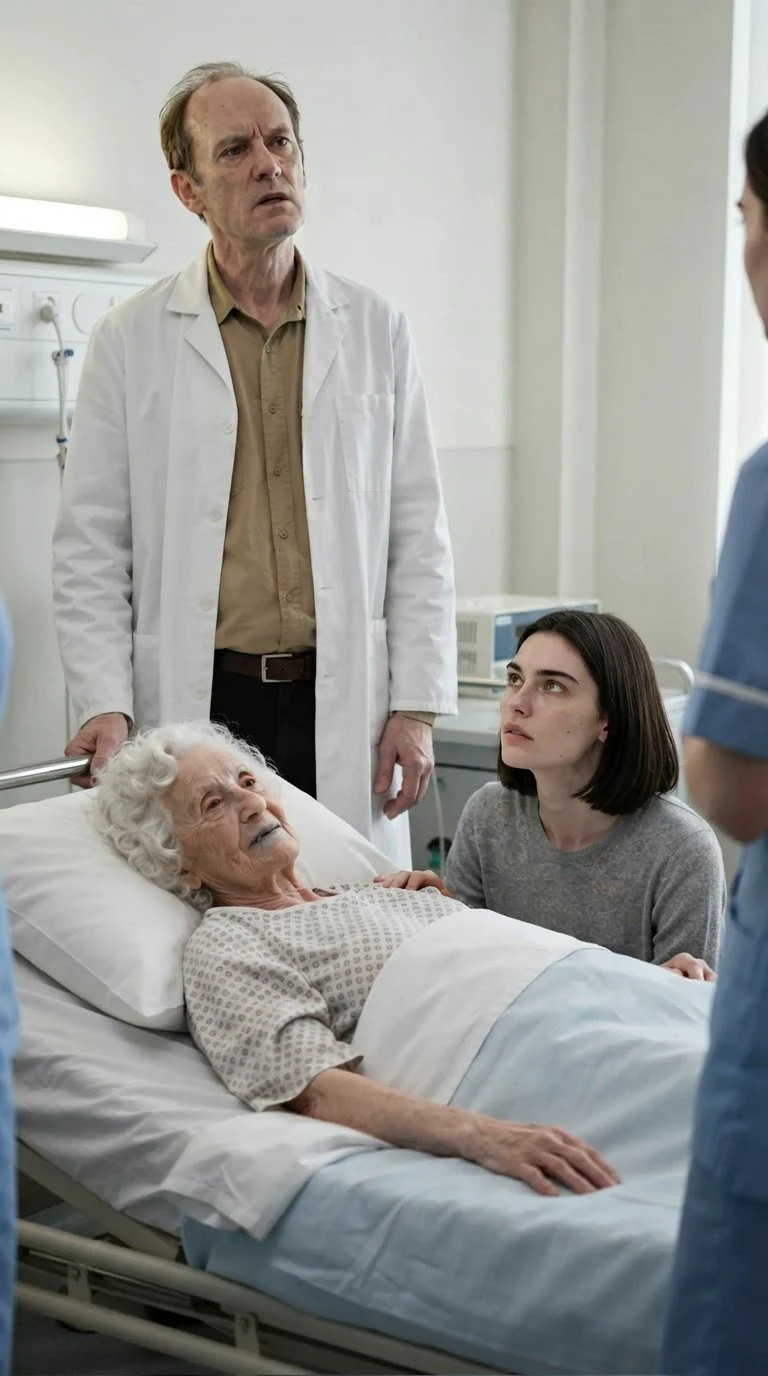 The doctor speaks over the bed with a flat, bored face while the young woman stares at him.