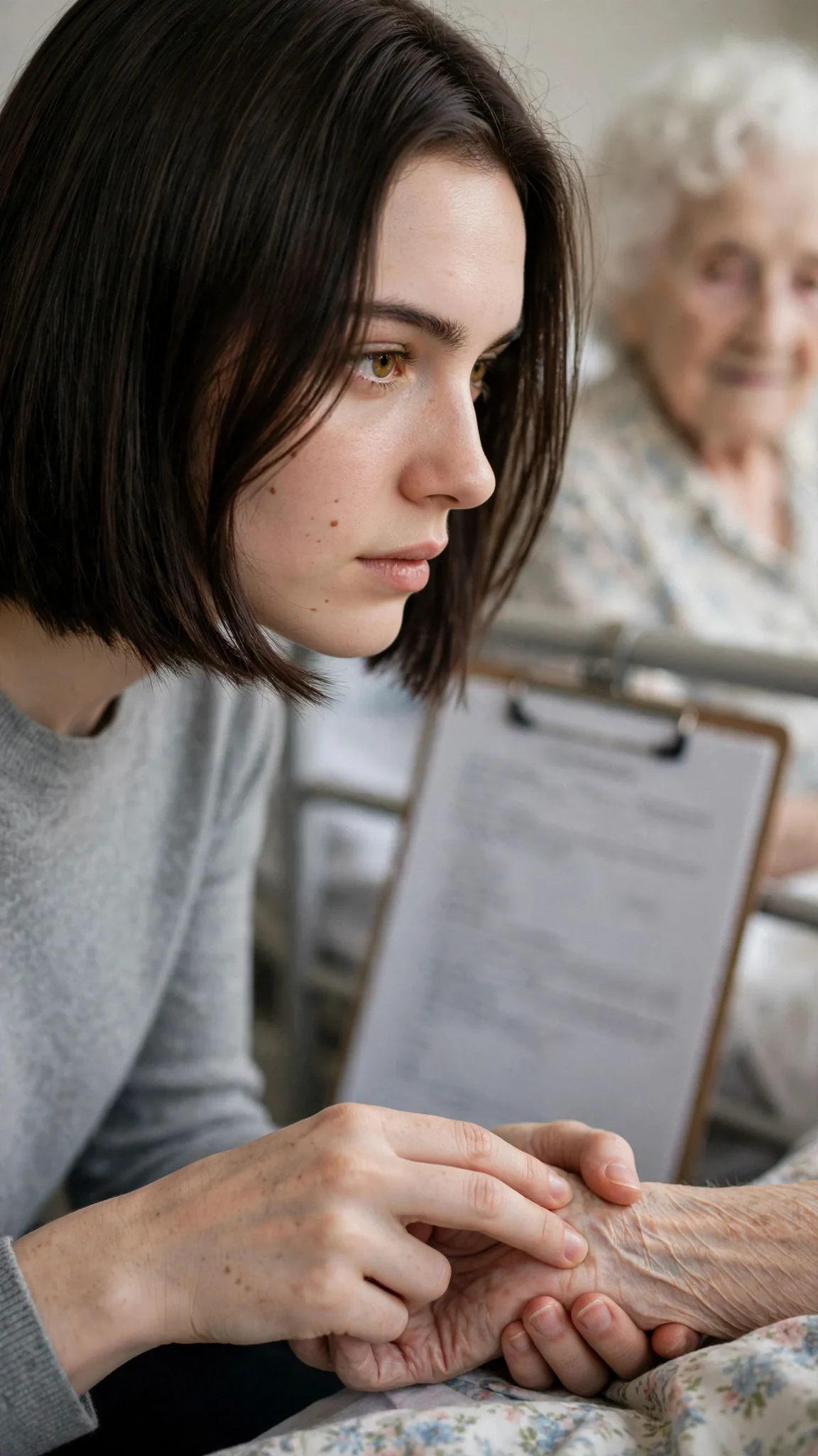 The young woman counts the old woman's pulse with two fingers while reading a medication sheet on the bed rail.