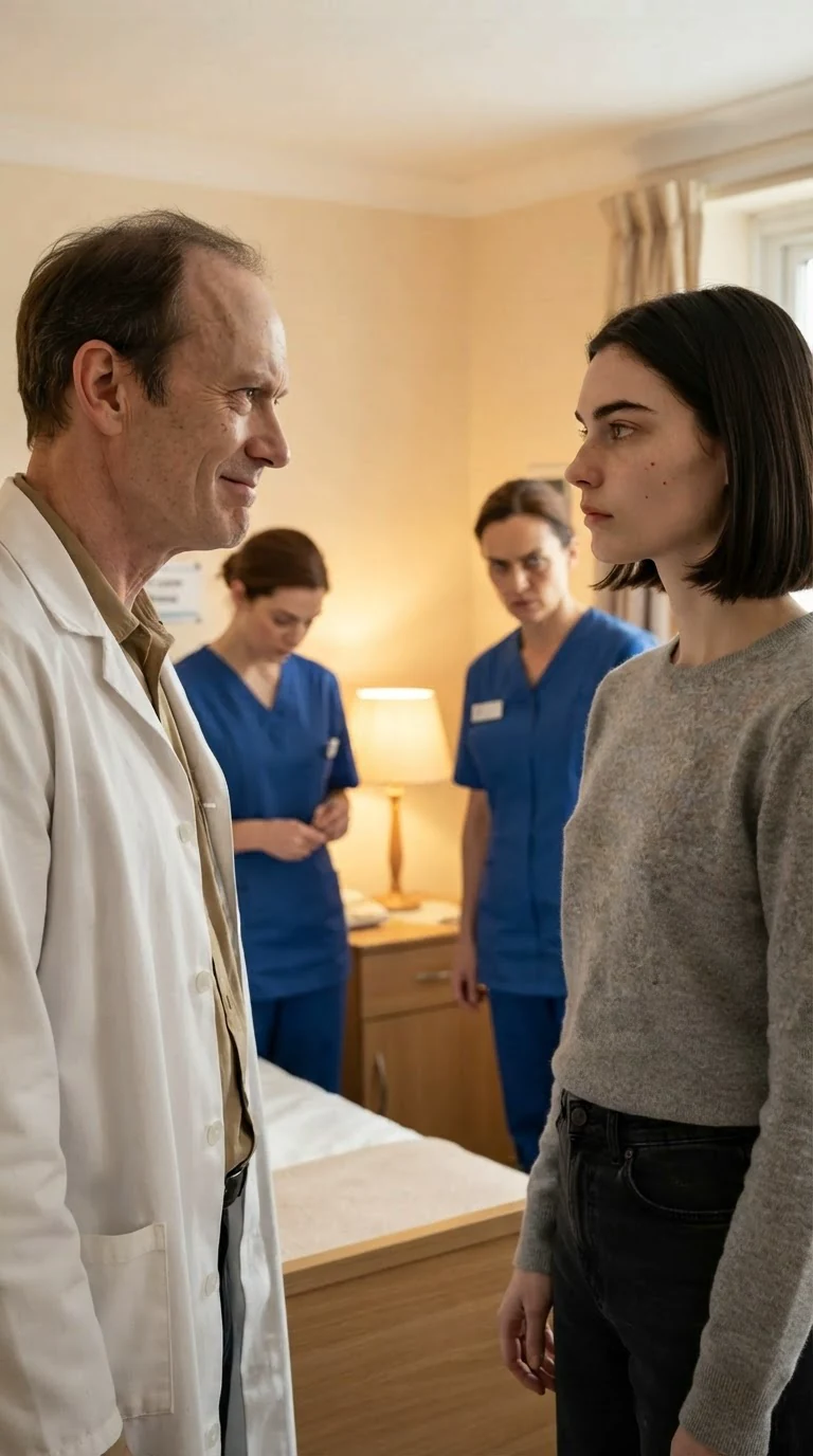 The doctor smirks as he answers, and one nurse looks at the floor while the other stares.