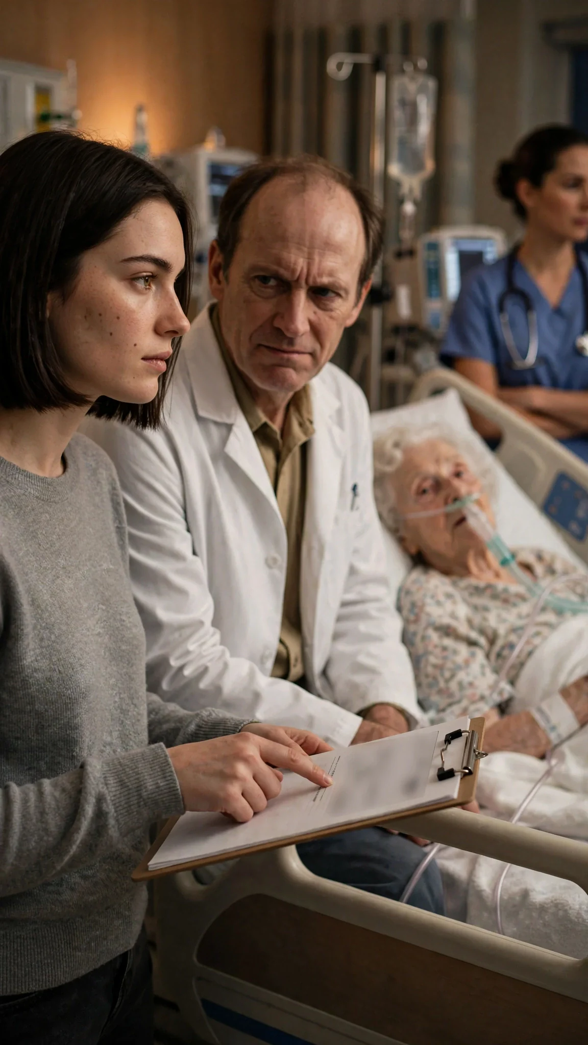 The young woman speaks low and certain, pointing at the pill sheet, while the doctor's smile fades.