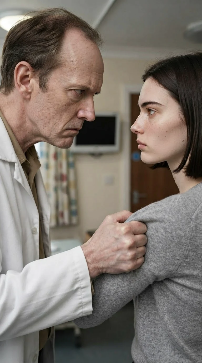 The doctor grips the young woman's upper arm hard, leaning into her face.