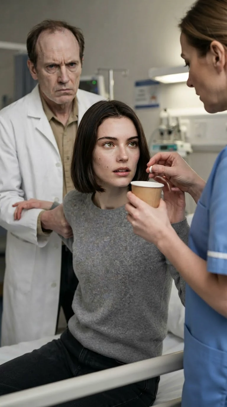 A nurse holds a paper cup with a pill while the young woman turns toward her.