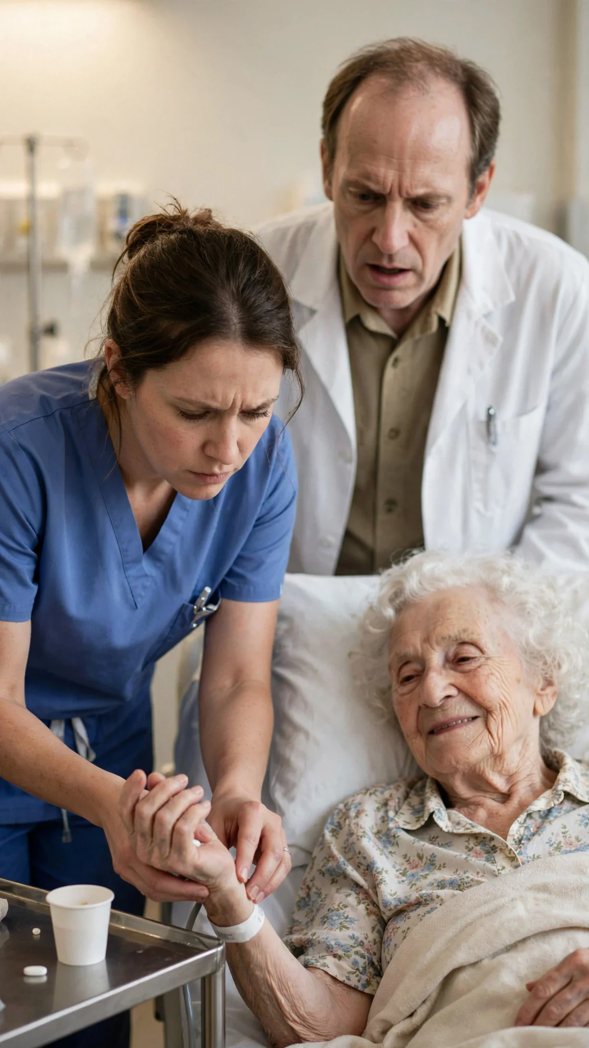 A young nurse checks the old woman's pulse, then sets the paper cup down without a word.