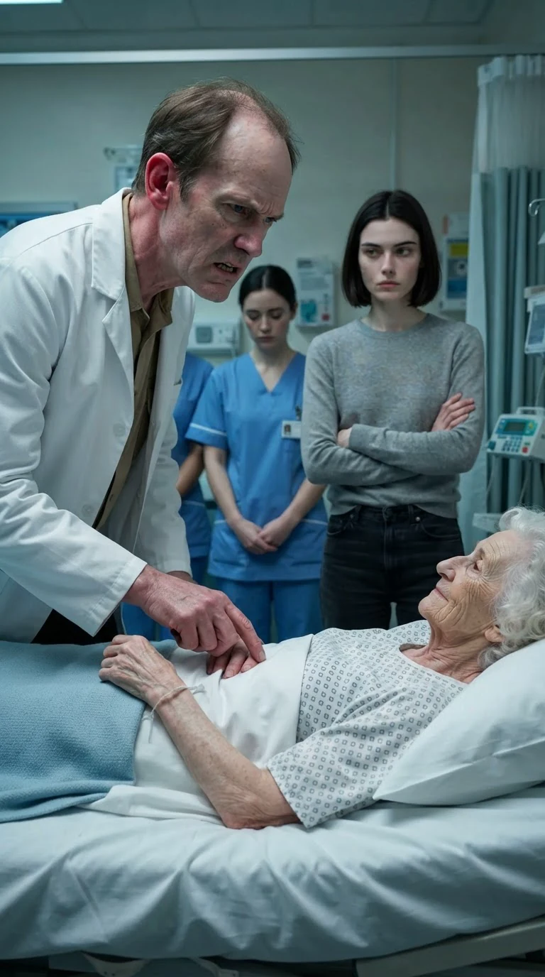 The doctor counts the old woman's pulse himself while the young woman watches him, arms folded.