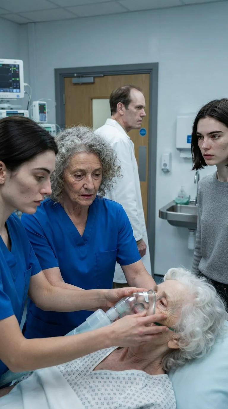 The doctor leaves the room red-eared while a nurse fits an oxygen mask on the old woman.