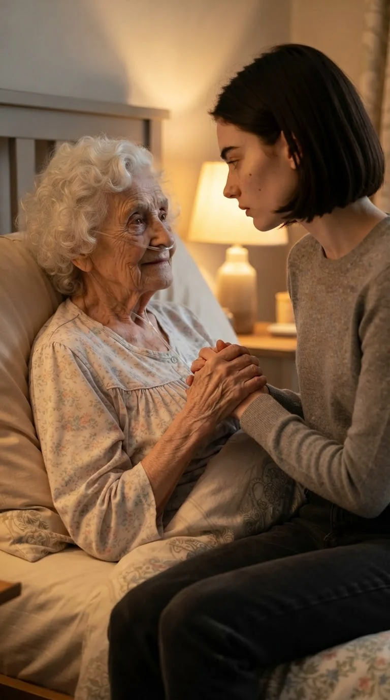 The old woman's thin fingers close hard around the young woman's hand beside the bed.