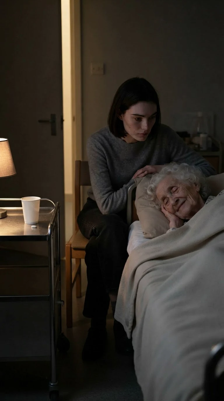 The young woman sits alone in the dim room watching the old woman sleep, a paper cup untouched on the cart.