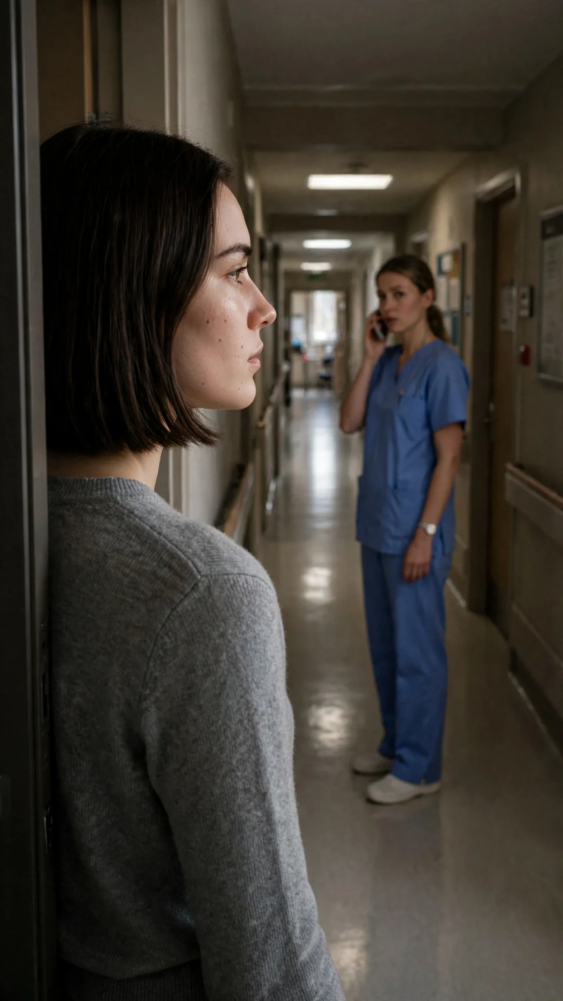 In the corridor, a young nurse speaks into a phone while glancing back at the young woman in the doorway.