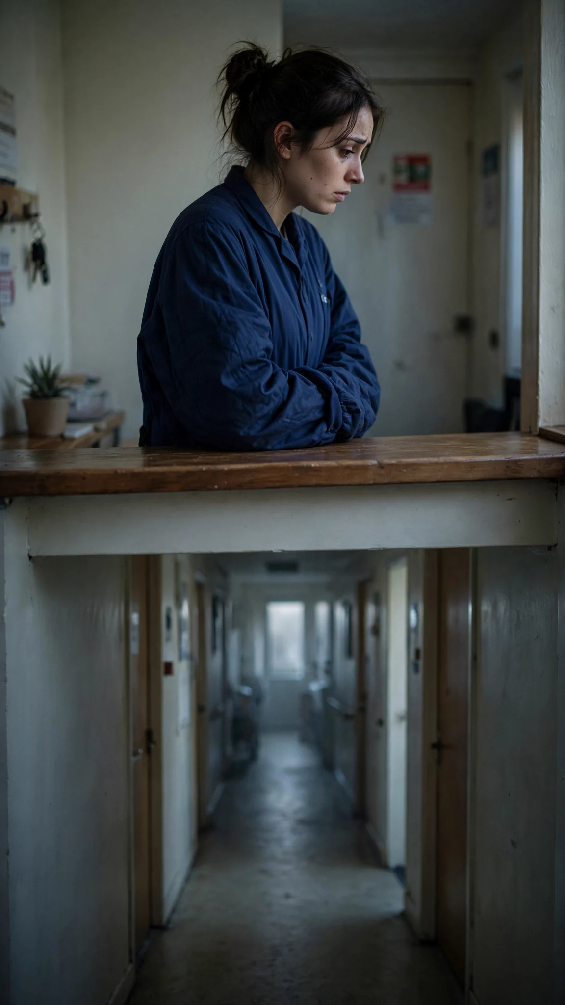 A young nurse in a coat waits at a dark reception desk in an early morning care home.