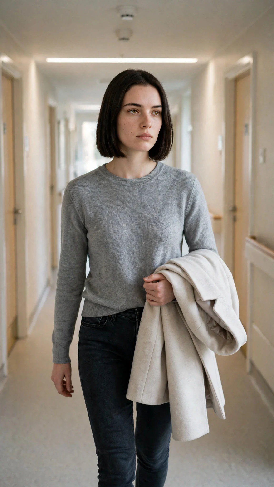 A woman in a gray sweater walks a long corridor of a care home with her jaw set.