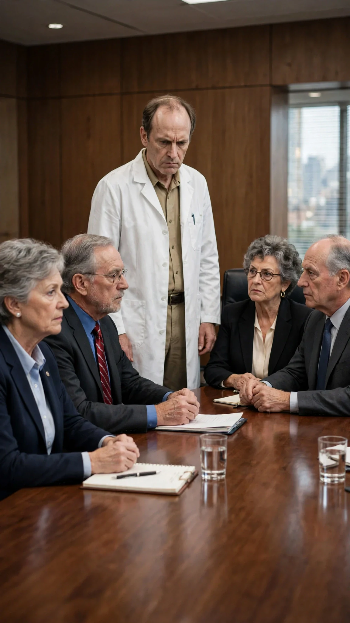 A doctor stands at the head of a long boardroom table facing four older board members.