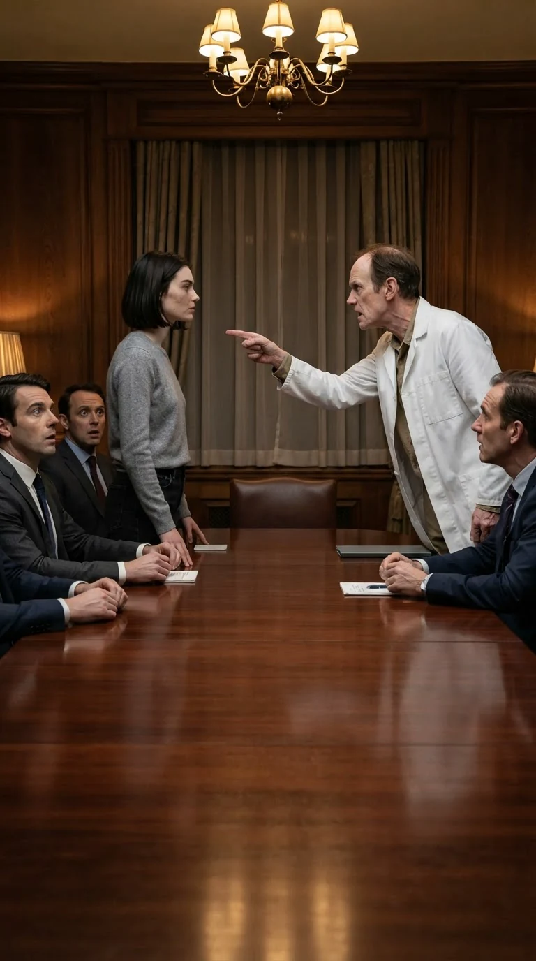 A young woman stands alone at the end of the table answering a doctor who points at her.