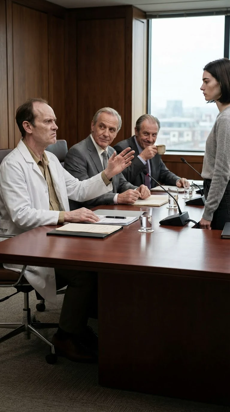 A doctor gestures toward a young woman while board members in suits shift in their chairs.