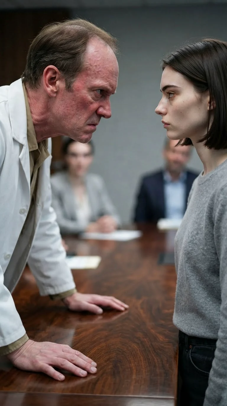 A furious doctor leans across a table speaking to a calm young woman.